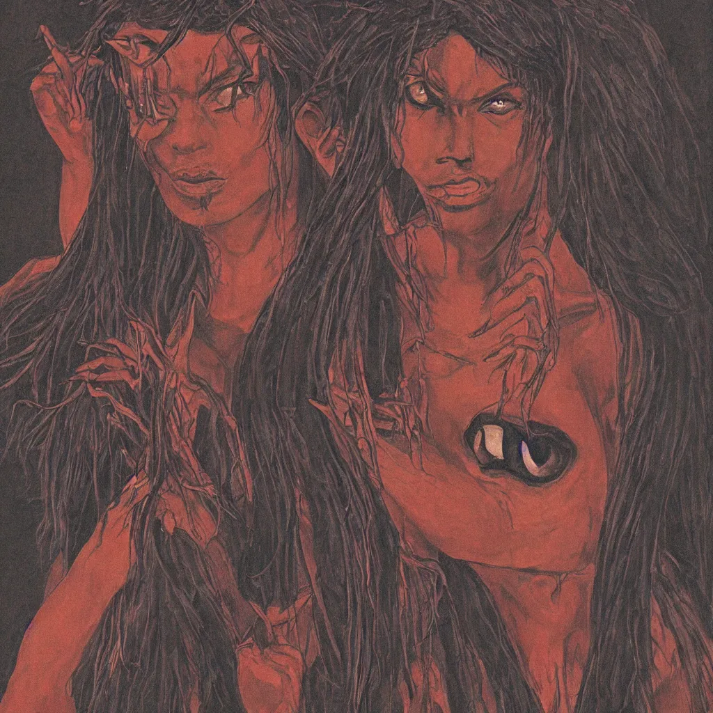 Image similar to ancient nilotic androgynous vampire with demonic eyes, illustration