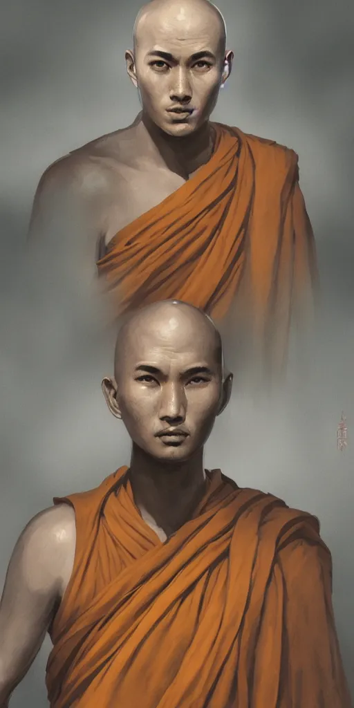 Image similar to portrait of a serene futuristic buddhist monk experiencing ego death, sunrise, heroic lighting, cyberpunk, intricate, elegant, highly detailed, lifelike, photorealistic, digital painting, artstation, illustration, concept art, smooth, sharp focus, art by John Collier and Albert Aublet, bright warm colour tone