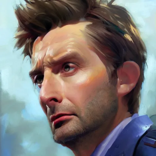 Image similar to greg manchess portrait painting of fully armored david tennant the 1 0 th doctor as overwatch character, medium shot, asymmetrical, profile picture, organic painting, sunny day, matte painting, bold shapes, hard edges, street art, trending on artstation, by huang guangjian and gil elvgren and sachin teng