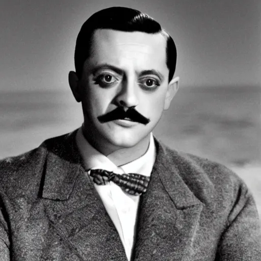 Image similar to b & w photo of gomez addams at the beach