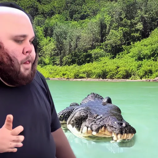 Image similar to fat man next to a lake with a crocodile, youtube clickbait thumbnail