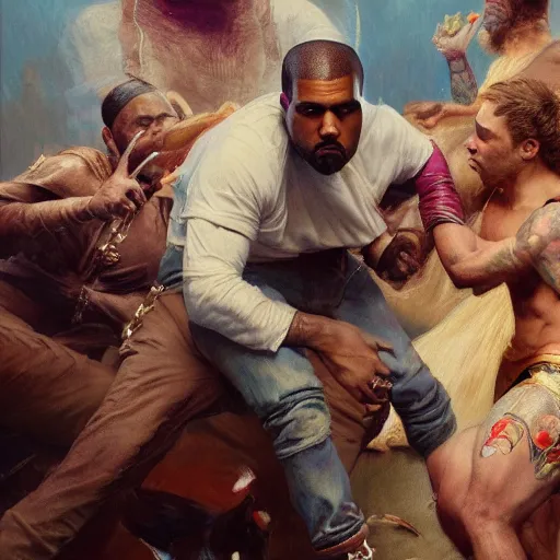 Image similar to a beautiful painting of kanye west fighting pete davidson, rendered art, highly detailed painting by gaston bussiere, craig mullins, j. c. leyendecker 8 k, trending on artstation, art, fighting, watercolor