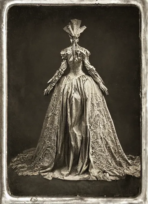 Prompt: old wetplate daguerreotype portrait of a futuristic silver armored headless marie antoinette cyborg, fractal, intricate, elegant, highly detailed, subsurface scattering, by jheronimus bosch and greg rutkowski and louis jacques mande daguerre