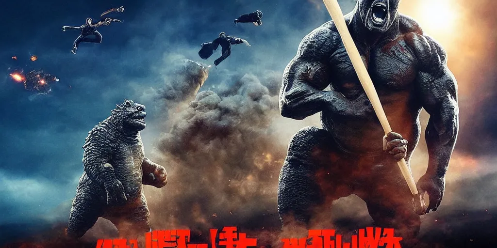 Image similar to movie poster of dwayne johnson with a baseball bat fighting godzilla outside a space station