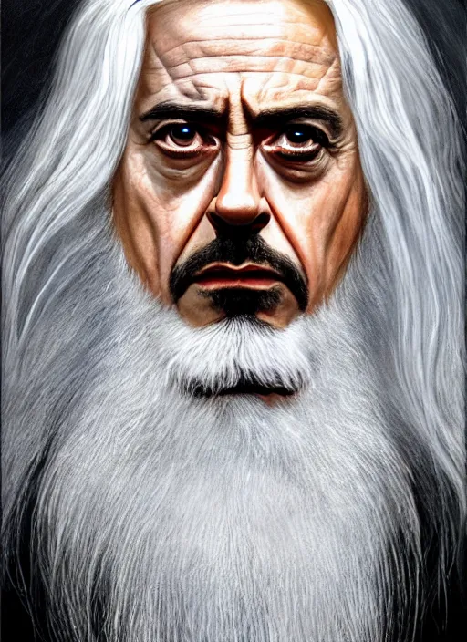 Image similar to robert downey jr. as evil saurman the white, long white hair and beard, by alan lee, lord of the rings, smooth, oil painting, matte painting, concept art, trending on artstation, promotional artwork, film still, elegant, photorealistic facial features, intricate, detailed face, cinematic lighting