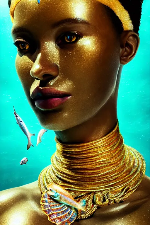 Image similar to hyperrealistic precisionist cinematic underwater scene with fish and algae, very expressive! translucent elegant african goddess, full body, gold jewerly, highly detailed face, digital art masterpiece, aykut aydogdu zener, dramatic volumetric light, long shot, low angle uhd 8 k, sharp focus