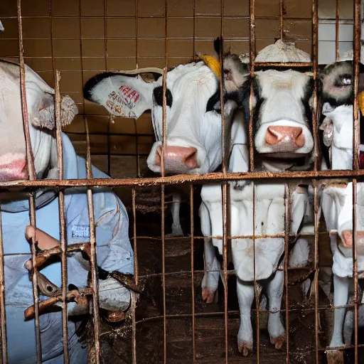 Image similar to inmates wearing cow heads inside a jailcell