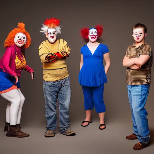 Image similar to a photograph of a family of clowns, studio quality, studio lighting