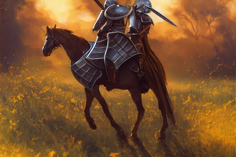 Image similar to knight, sword, fantasy, painting, ultra realistic!!!, clear weather, golden hour, sharp focus