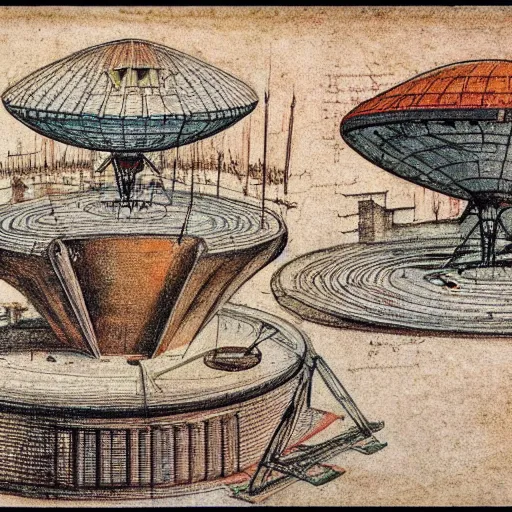 Image similar to vintage, detailed, colored sketch of ufo construction, all parts, with full descriptions, on old parchment, by leonardo da vinci!