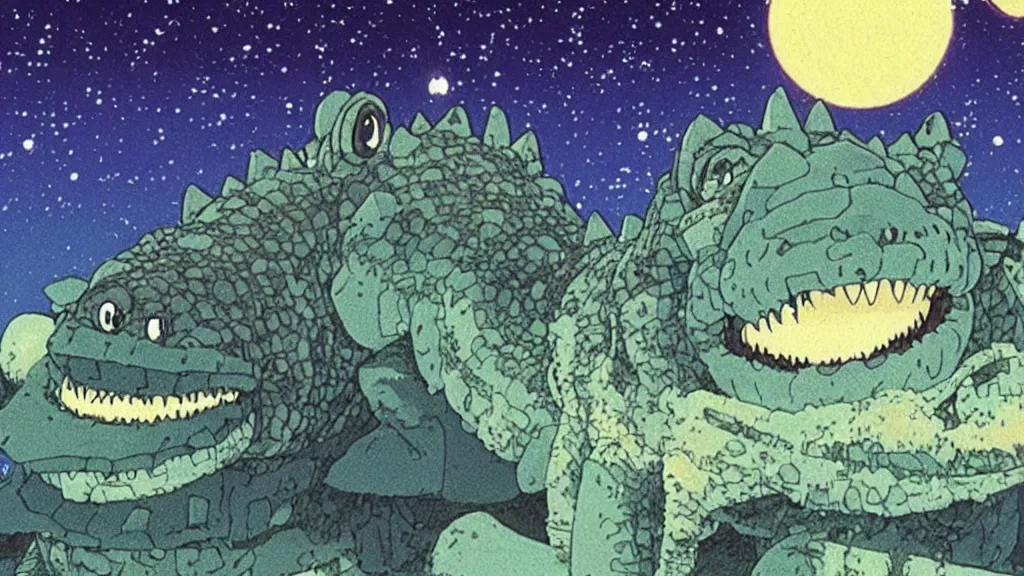 Prompt: a movie still from a studio ghibli film showing a lovecraftian crocodile from howl's moving castle ( 2 0 0 4 ). a pyramid is under construction in the background, in the rainforest on a misty and starry night. a ufo is in the sky. by studio ghibli