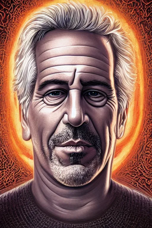 Prompt: cinematic portrait of Jeffrey Epstein. Centered, uncut, unzoom, symmetry. charachter illustration. Dmt entity manifestation. Surreal render, ultra realistic, zenith view. Made by hakan hisim feat cameron gray and alex grey. Polished. Inspired by patricio clarey, heidi taillefer scifi painter glenn brown. Slightly Decorated with Sacred geometry and fractals. Extremely ornated. artstation, cgsociety, unreal engine, ray tracing, detailed illustration, hd, 4k, digital art, overdetailed art. Intricate omnious visionary concept art, shamanic arts ayahuasca trip illustration. Extremely psychedelic. Dslr, tiltshift, dof.  64megapixel. complementing colors. Remixed  by lyzergium.art feat binx.ly and machine.delusions. zerg aesthetics. Trending on artstation, deviantart