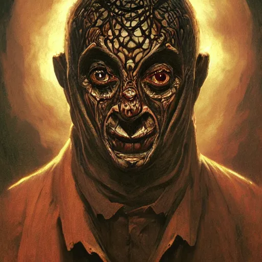 Image similar to Satanic Evil Mr. Bean with a seductive look, fullbody, psychedelic, intricate, horror, highly detailed, artstation, concept art, smooth, sharp focus, illustration, art by greg rutkowski and orientalism and bouguereau and Zdzislaw Beksinski, D&D, good clear quality, lighting, horror, evil, biology, symmetrical artwork, perfect face, 135 mm, cinematic, hyper realism, high detail, octane render, 8k, chrome accents