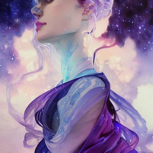 Image similar to Purple blue galaxy, Watercolor, photorealistic, high resolution, award winning, trending on artstation, intricate, elegant, highly detailed, digital painting, artstation, concept art, smooth, sharp focus, illustration, art by artgerm and greg rutkowski and alphonse mucha