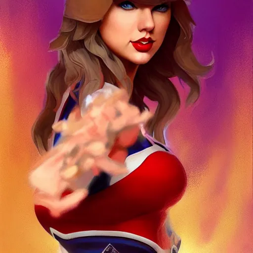 Image similar to Taylor Swift as a Street Fighter character, portrait, highly detailed, digital painting, artstation, concept art, sharp focus, illustration, cinematic lighting, art by artgerm and greg rutkowski and alphonse mucha