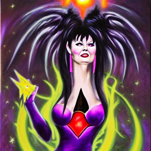 Image similar to Elvira as a cosmic super villain, dark oil painting by crypt keeper