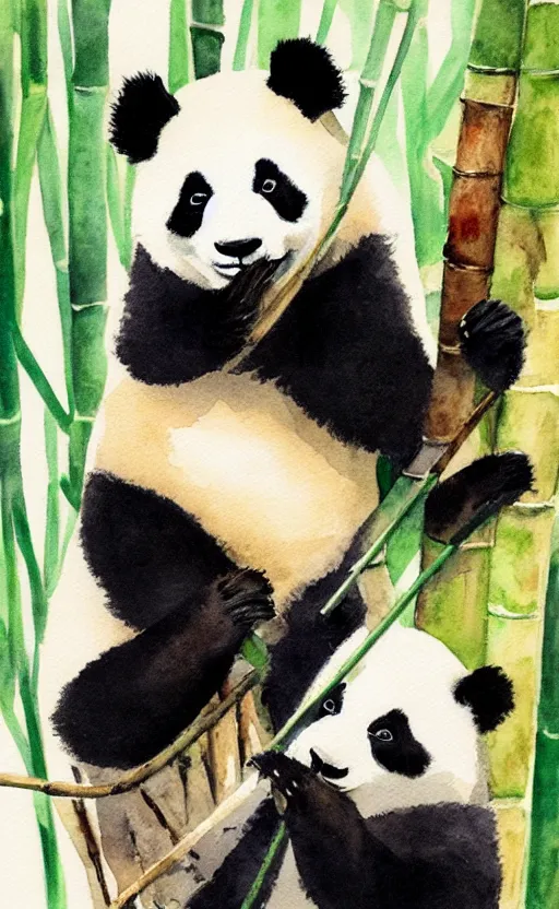 Image similar to a watercolor painting of a panda eating bamboo, dynamic lighting, photorealistic, ambient lighting, atmospherical, stunning visuals, trending on art station