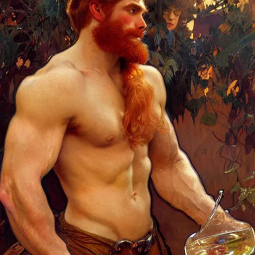 Prompt: attractive muscular ginger hair mike and muscular attractive brunet hair ty, drinking their hearts out, boys night out. highly detailed painting by gaston bussiere, craig mullins, j. c. leyendecker, alphonse mucha 8 k