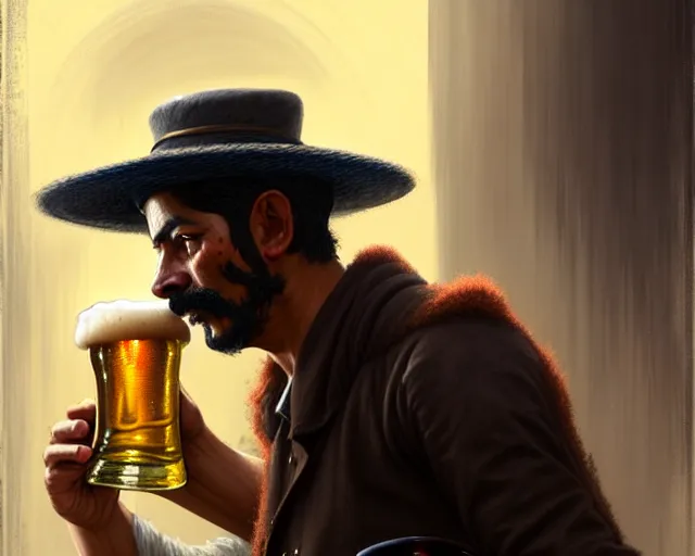 Image similar to a mexican man with hat drinking a beer on train station, fantasy, intricate, elegant, highly detailed, digital painting, artstation, concept art, matte, sharp focus, illustration, art by aenaluck and roberto ferri and greg rutkowski, epic