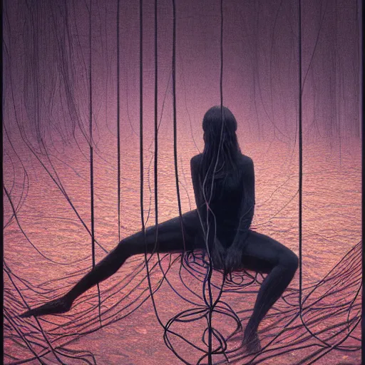 Image similar to liminal!!, portrait, shore of the lake, woman, wrapped around by glowing tubes and cables, short black curly hair, glowing red, by edgar maxence and ross tran, zdzisław beksinski, and michael whelan, distant, gustav dore, h. r. giger, 8 k, octane render