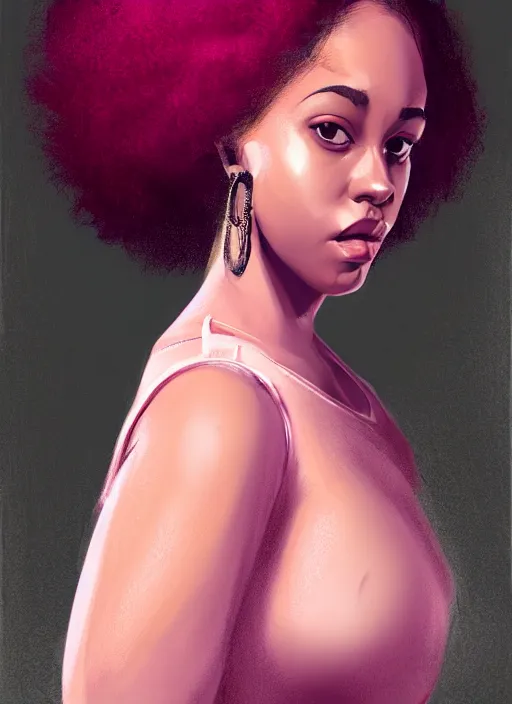 Image similar to full body portrait, teenage vanessa morgan, pink hair, obese, black girl, curly pixie hair, sultry, realistic, short hair, hoop earrings, skirt, shirt, fat, belly, intricate, elegant, highly detailed, digital painting, artstation, concept art, smooth, sharp focus, illustration, art by wlop, mars ravelo and greg rutkowski