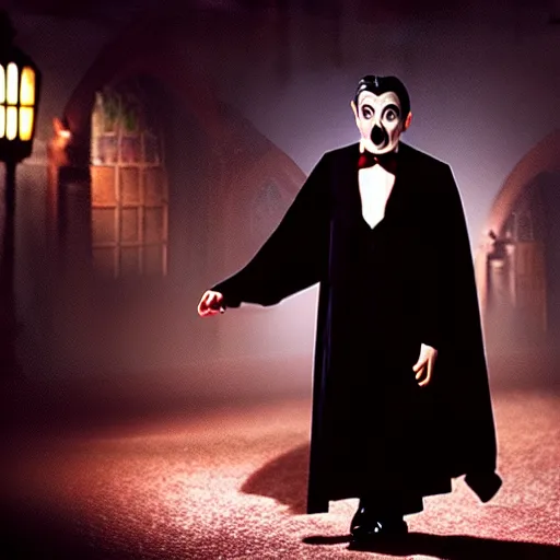 Prompt: mr. bean as dracula. movie still. cinematic lighting.