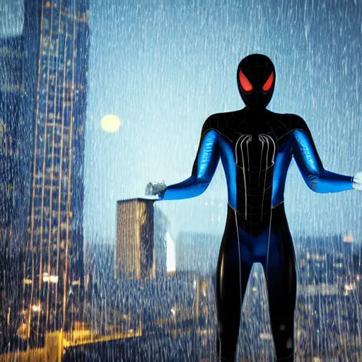 Prompt: black tech suit spider - man blue eyes hanging in tall tower at night rain ultra realistic high quality 8 k photo realistic highly detailed