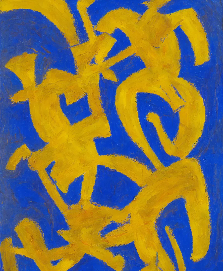 Prompt: a warrior with a blue - yellow flag defeats satan, expressive abstractionism, many small saturated hard relief strokes of oil on canvas with high detail