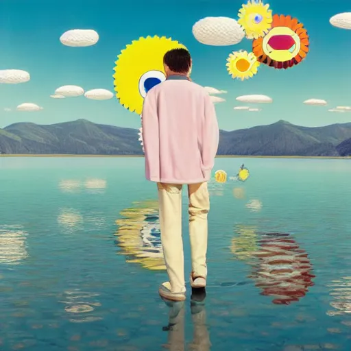 Image similar to a man walking on clouds away from the camera above a lake by takashi murakami, beeple and james jean, aya takano color style, 4 k, super detailed, modern, 4 k, symmetrical