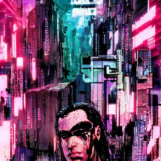 Image similar to cyberpunk dreaming by bobby zeik and bill sienkiewicz and david mack