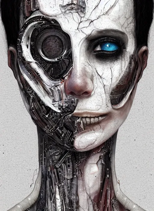 Prompt: a dream portrait of a anthropomorchic robot with half skin, black & white, melting, webbing, 8 k, by tristan eaton, stanley artgerm, tom bagshaw, greg rutkowski, carne griffiths, ayami kojima, beksinski, giger, trending on deviantart, face enhance, hyper detailed, minimalist, horror, alien