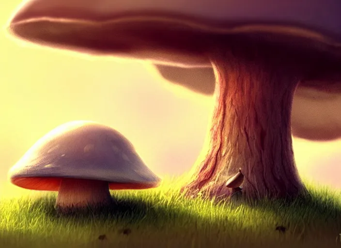 Prompt: a cute creature sitting next to a mushroom, illustration for a children's book, digital art, detailed, rim light, exquisite lighting, clear focus, very coherent, soft lighting, character design, concept, atmospheric, dystopian, sci - fi, dark, trending on artstation, fog, sun flare