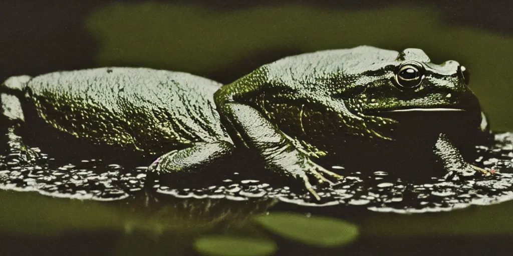 Prompt: detailed medium format photo, polaroid still from tarkovsky movie, of a large bullfrog sitting on a lilly pad in a murky swamp smoking a cigarette, haze, high production value, intricate details, 8 k resolution, hyperrealistic, hdr, photorealistic, high definition, tehnicolor, award - winning photography, masterpiece, amazing colors