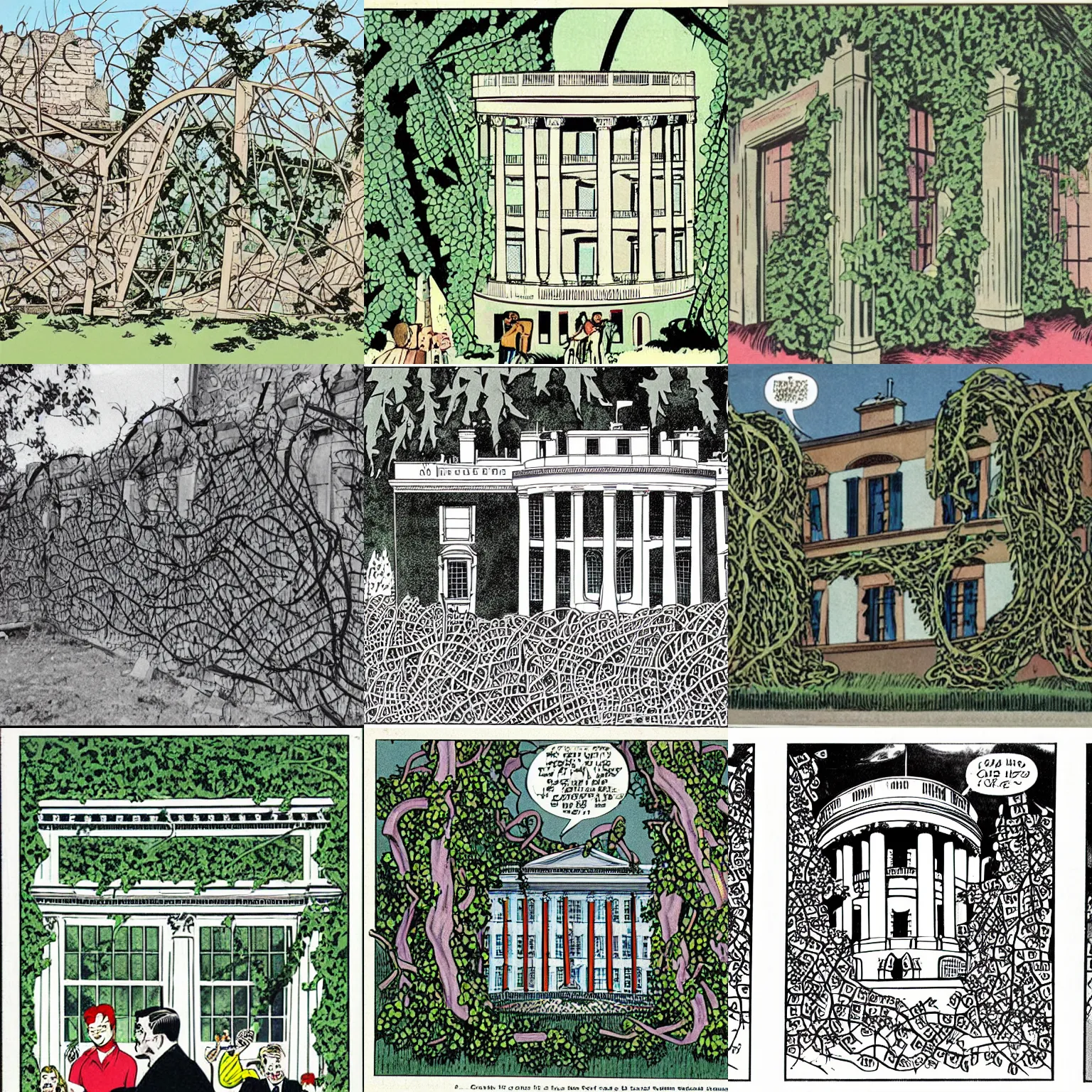 Prompt: 1 9 6 0 s comic book panel of the white house in ruins covered in vines