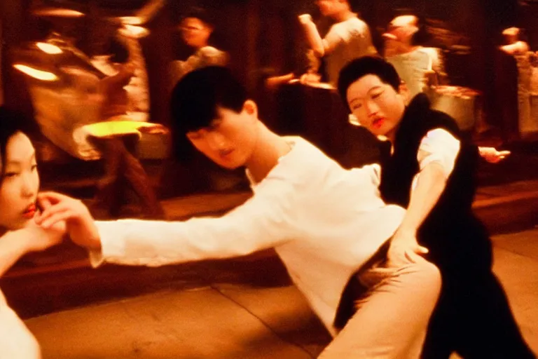 Image similar to wong kar wai dancing love movie scene. wide angle 9 mm lens, close up