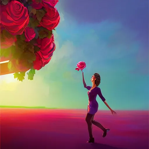 Image similar to portrait, giant rose flower head, girl dancing in a suit, surreal photography, sunrise, blue sky, dramatic light, impressionist painting, digital painting, artstation, simon stalenhag