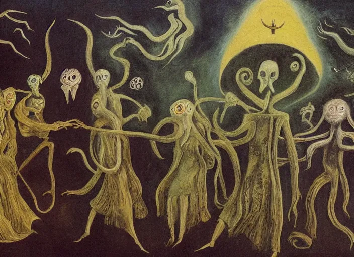 Image similar to a procession of eldritch cultist towards a lovecraftian temple by leonora carrington