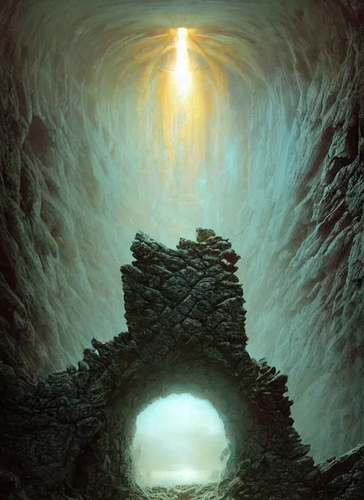Prompt: ancient singular portal into godhood on a barren hellish exoplanet, philosophical concept illustrated by James Gurney and Zdislaw Beksinski and Dariusz Zawadski and Greg Rutkowski