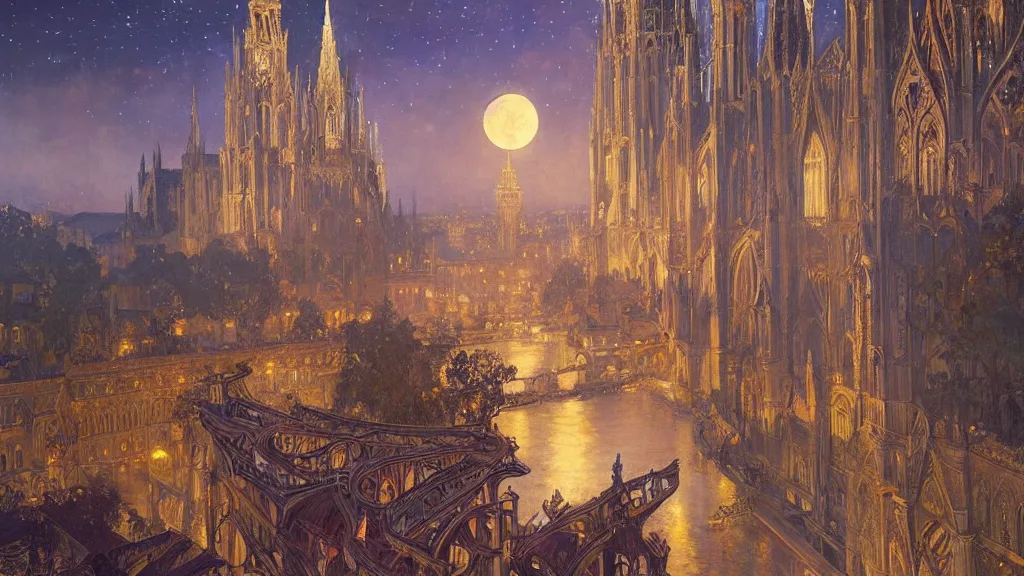 Prompt: a beautiful painting of the view from the river of a cathedral with beautiful, symmetric curving art nouveau architecture, at night with a sky full of stars, intricate, elegant, highly detailed, digital painting, artstation, concept art, by krenz cushart and artem demura and alphonse mucha