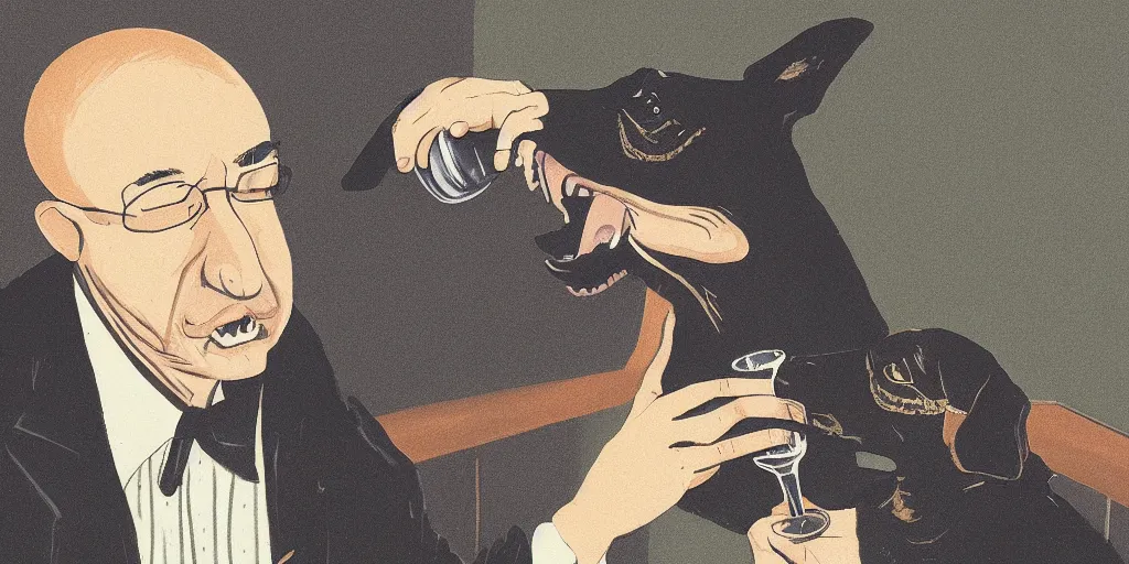 Prompt: illustration of a man with a black dog head drinking beer by richard scary