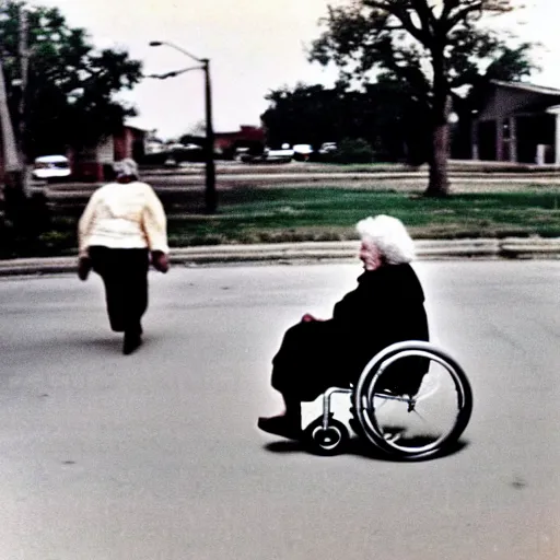 Image similar to Old woman in a wheelchair is chased by the police at very high speed. texas. colored photo. 1970.