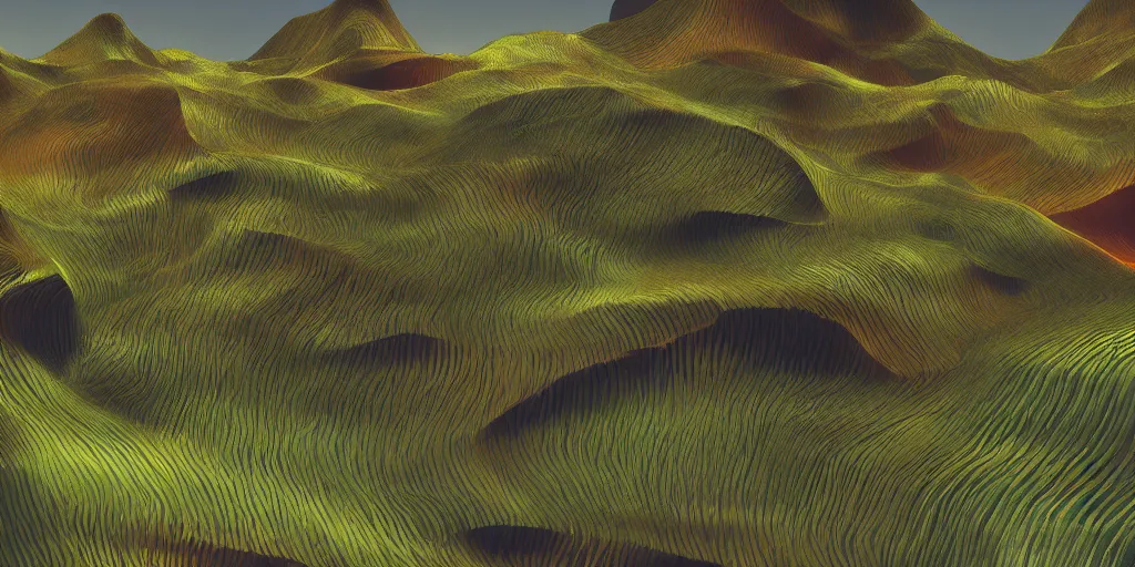 Prompt: abstract 3d landscape painting with vegetation by zaha hadid in no mans sky style, redshift, octane