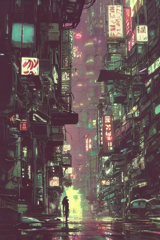 Image similar to cinematic 3 5 mm photo of ancient overgrown cyberpunk tokyo with robot by syd mead, night, rain, flowers, beautifully lit, hyperdetailed, unreal engine, photorealistic
