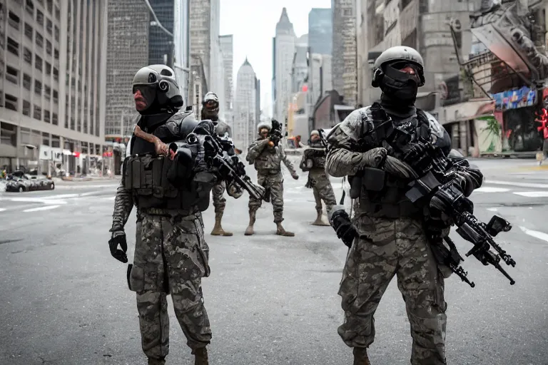 Image similar to Mercenary Special Forces soldiers in grey uniforms with black armored vest and helmets in urban warfare in New York 2022, Canon EOS R3, f/1.4, ISO 200, 1/160s, 8K, RAW, unedited, symmetrical balance, in-frame, combat photography