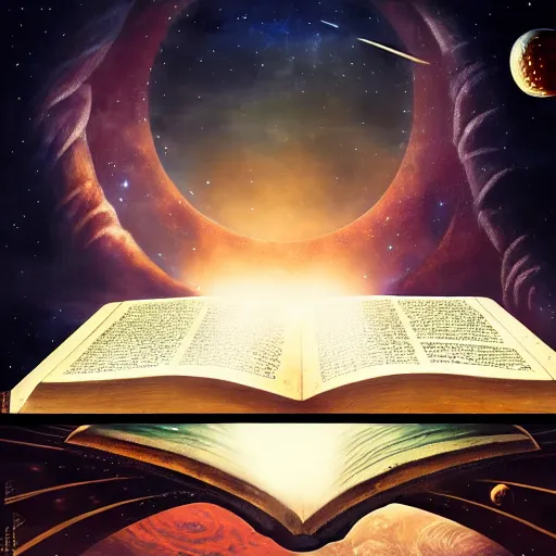 Prompt: front facing shot of an ancient book on a vintage table in space, concept art, sci - fi illustration, painting, realistic,, radiant light, detailed and intricate environment, 8 k, h 6 4 0