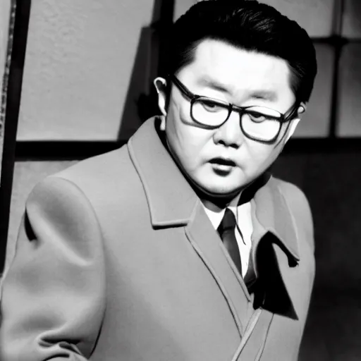 Prompt: 1950s Korean thriller film noir, Kim Jong-il, 35mm film, Cooke Varotal 20-100 T3.1