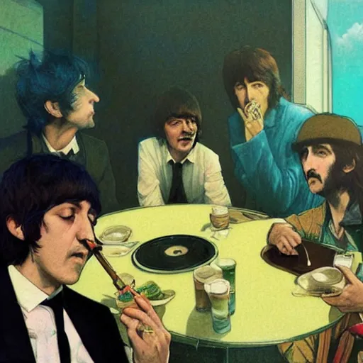 Prompt: The Beatles smoking weed in a hotel room with Bob Dylan, yellow theme, by krenz cushart and mucha and yoneyama mai and greg rutkowski