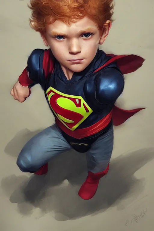 Image similar to a little boy with a michievous face and ginger hair. he is dressed as a superhero. clean elegant painting, beautiful detailed face. by artgerm and greg rutkowski