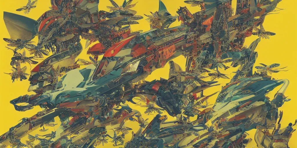 Image similar to risograph, gigantic mecha arzach birds with dragonflies, tiny rats, a lot of exotic animals around, big human faces everywhere, helicopters and tremendous birds, by satoshi kon and moebius, matte yellow colors, surreal design, crispy, super - detailed, a lot of tiny details, no blur, 4 k, fullshot