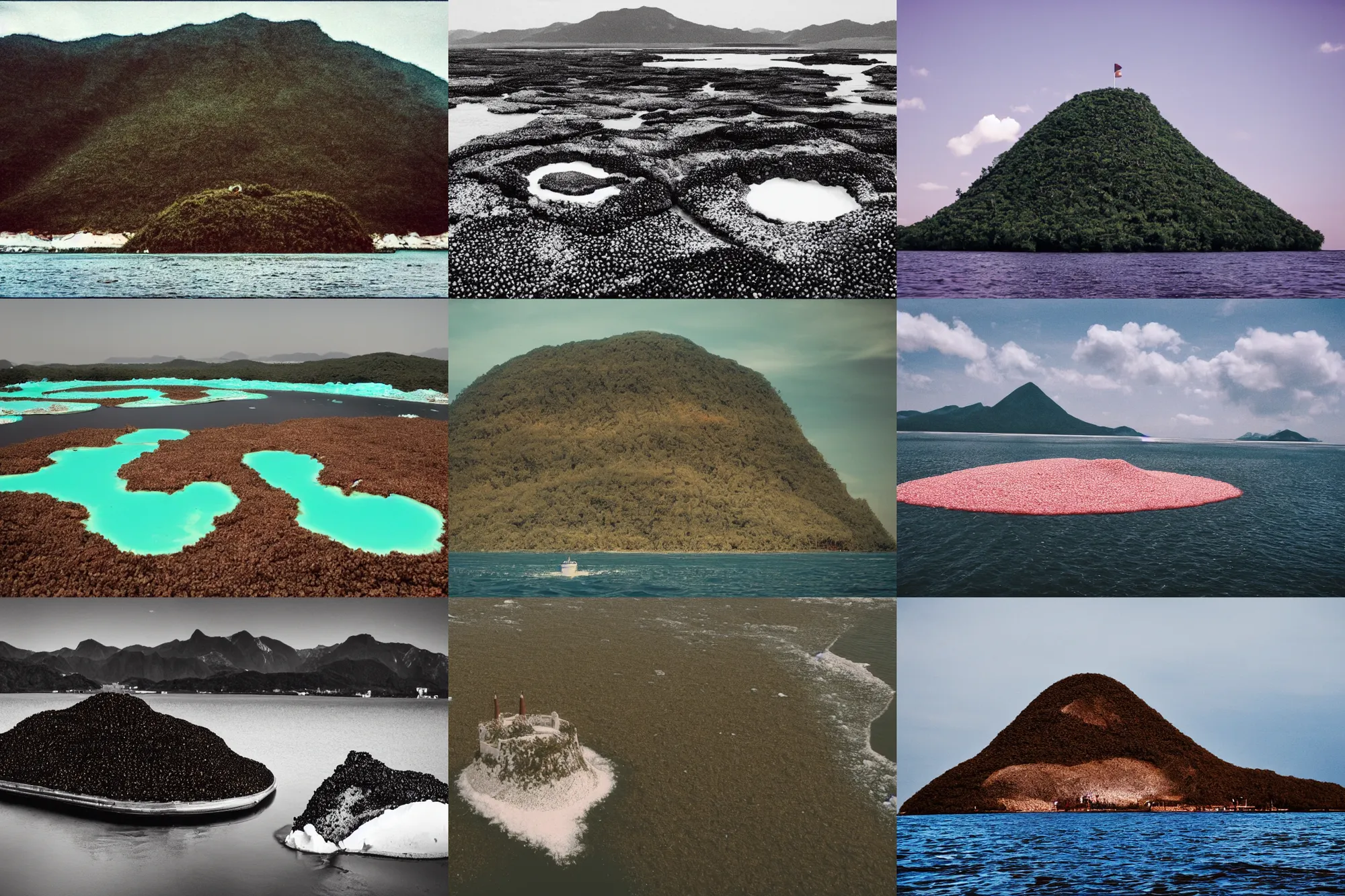 Prompt: an island made of caviar, in the center of the island there are mountains made of ice cream, the water around this island is made of coca - cola ( dark brown water ), the photo was taken from a boat, 3 5 mm, cinematic